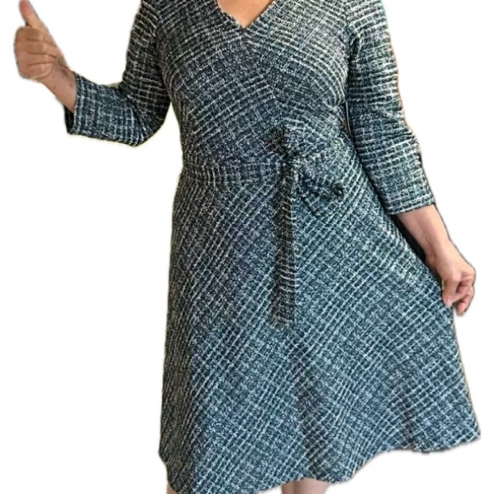 Shelby & Palmer Teal Checkered 3/4 Sleeve Dress. Back zipper.